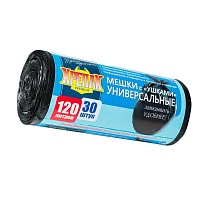 Мешки для мусора 120 л, с ушками, черные, в рулоне 30 шт., ПНД, 15 мкм, 1100х700 мм, Крепак, 4607075710375 в Грозном