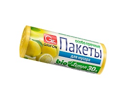 Мешки для мусора 30 л, ароматизированные, Лимон, желтые, в рулоне 20 шт., ПНД, 9 мкм, 560х530 мм, GRIFON Aroma, 101-020 Li в Грозном